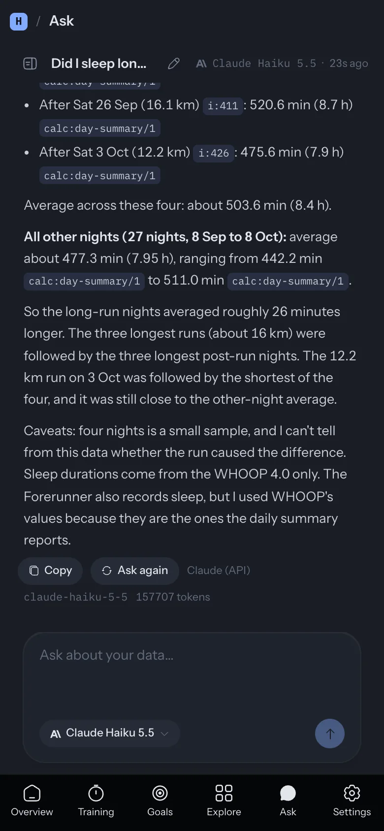 Homeostat Ask on a phone, dark theme, on synthetic sample data: the end of a cited answer about sleep after long runs, its caveats, and the question composer.
