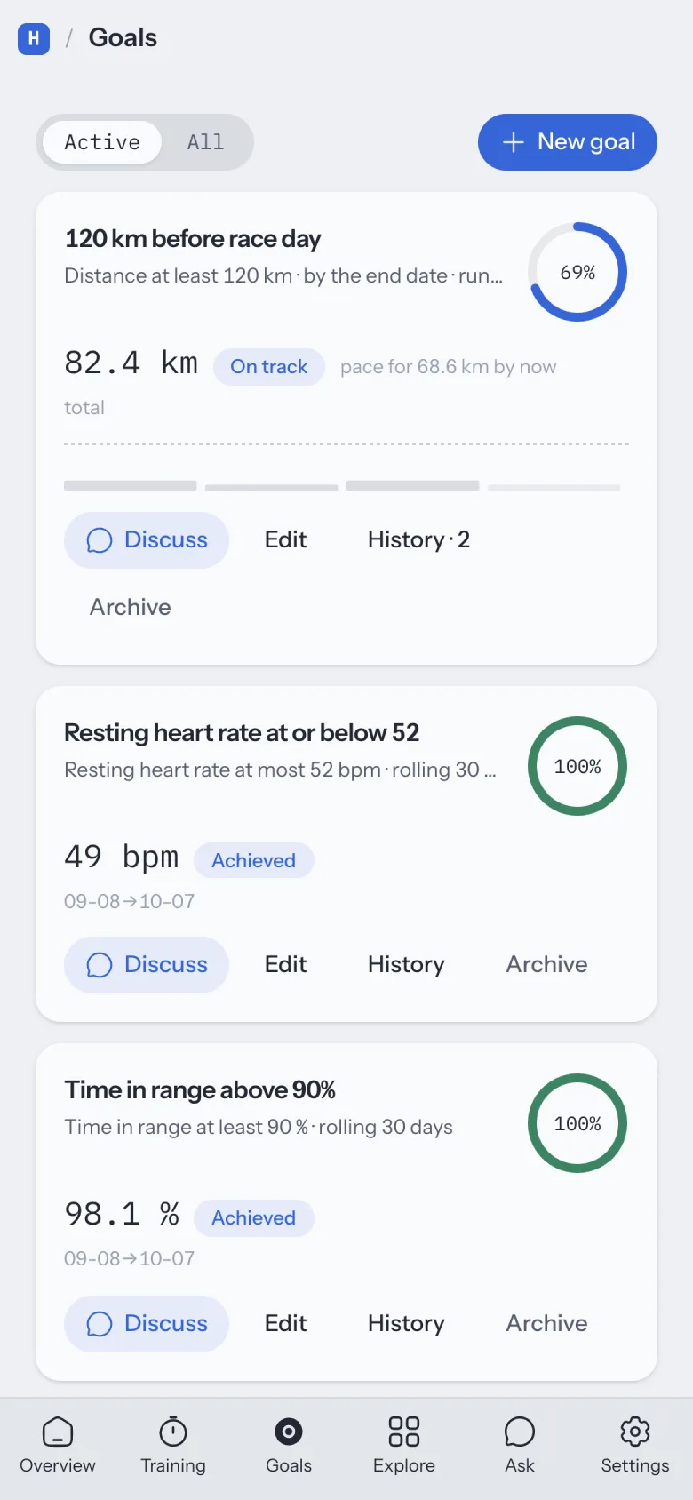 Homeostat Goals on a phone: goal cards with progress rings and their current values.