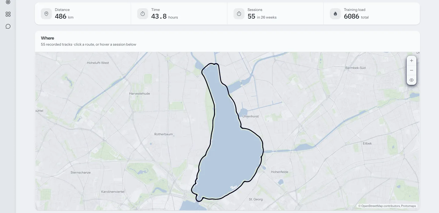 Homeostat Training: 26 weeks of running summarised as 486 km, 43.8 hours, 55 sessions and a training load of 6086, above a map of 55 recorded tracks around a city lake.